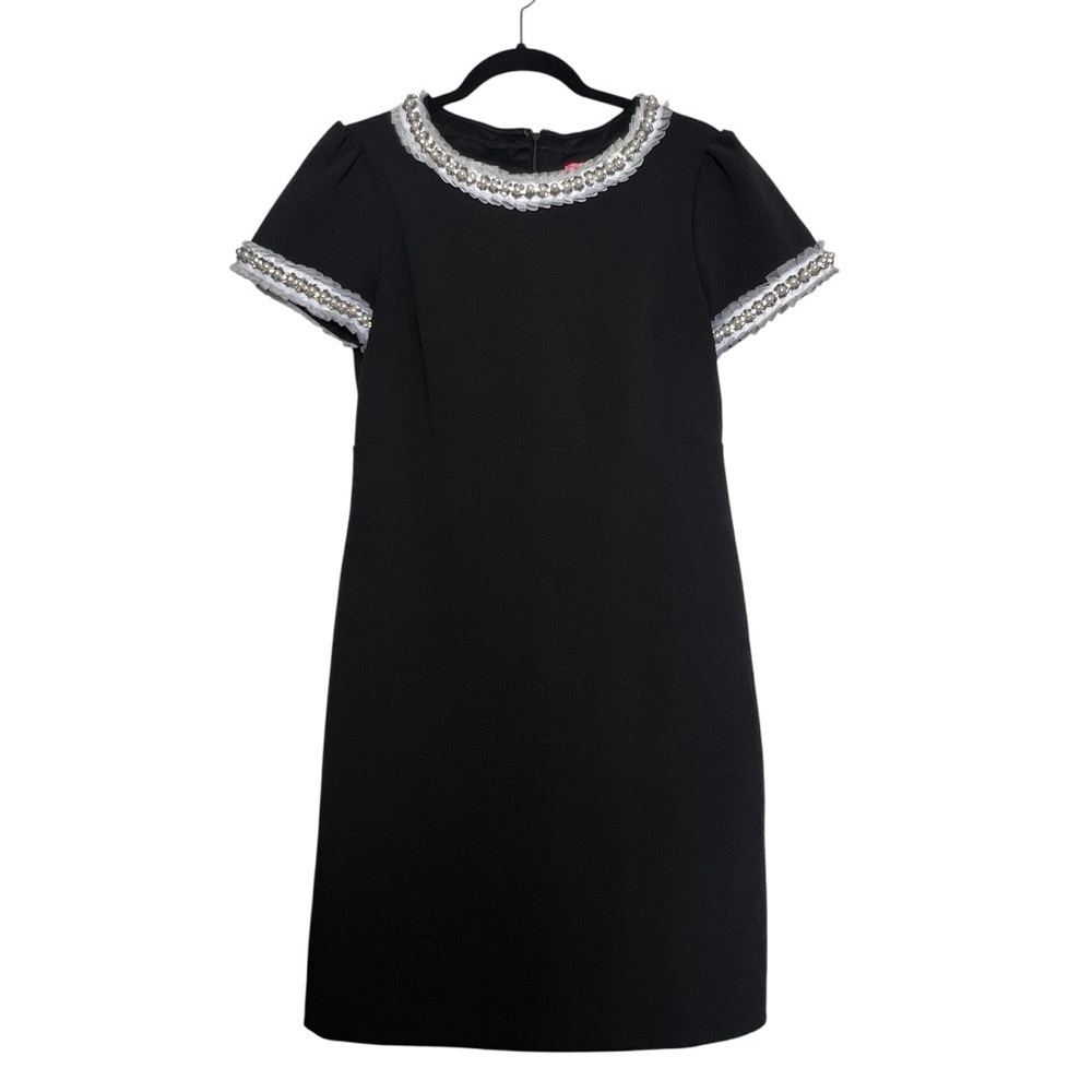 Betsey Johnson Dress Size 6 Black Cocktail Party Lace Pearl Rhinestone Trim LBD